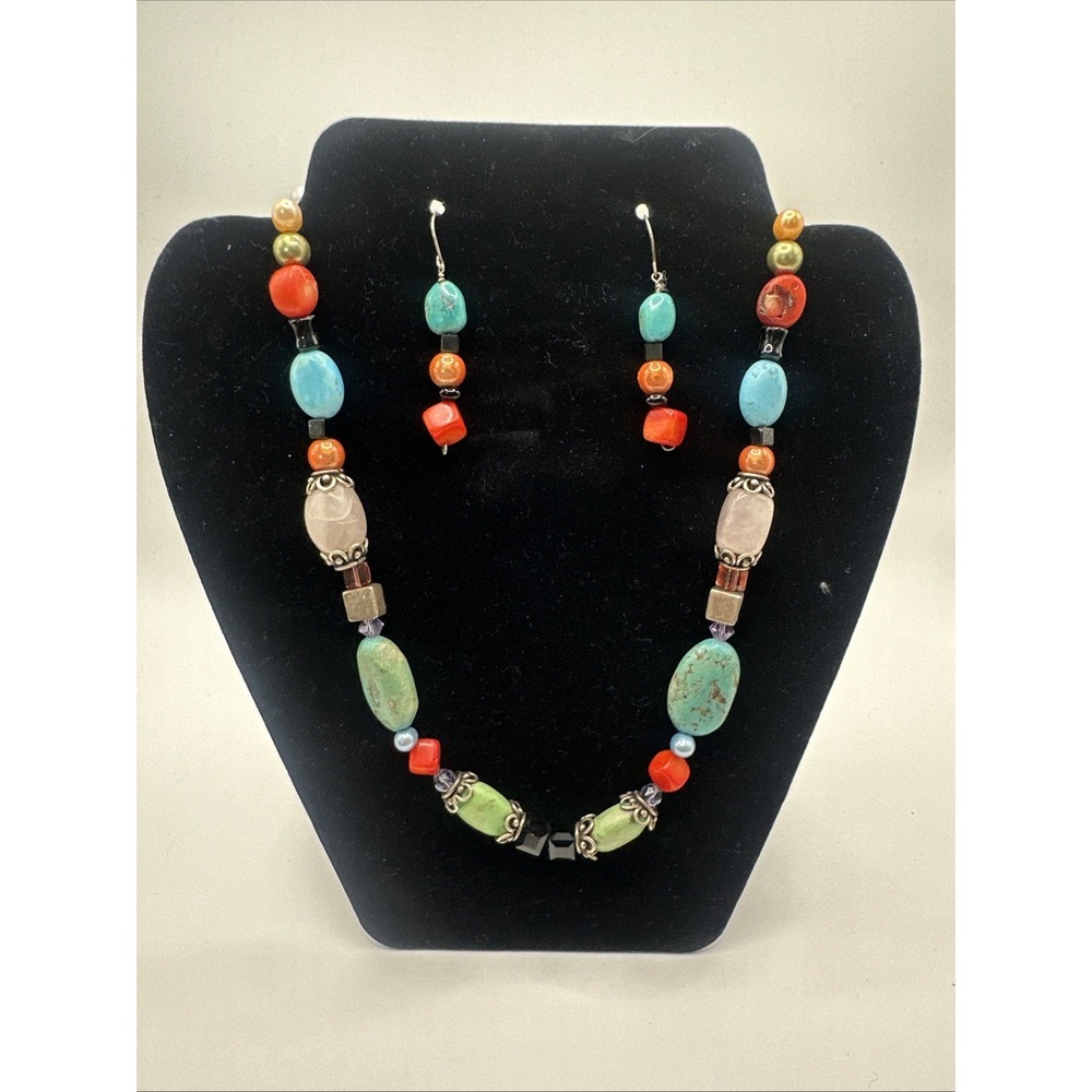 Artisan Southwestern Turquoise Coral Gemstone Necklace Earrings Set Boho